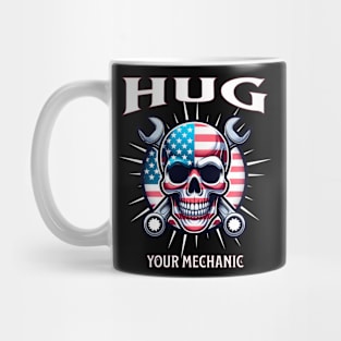 Hug Your Mechanic USA American Skull American Flag Wrench Tools Smiling Skull Face Mug